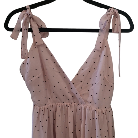 Boutique pink dress black polka dots plunging neckline skirt ruffle - Picture 2 of 6